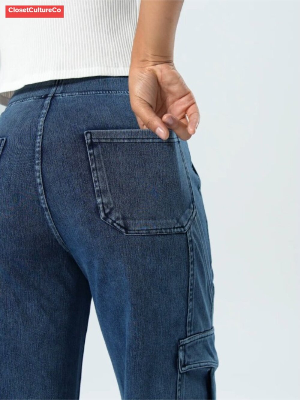 Pull On Cargo Jeans Elastic Waist Wide Leg Stretch Denim Pockets - Picture 6 of 6